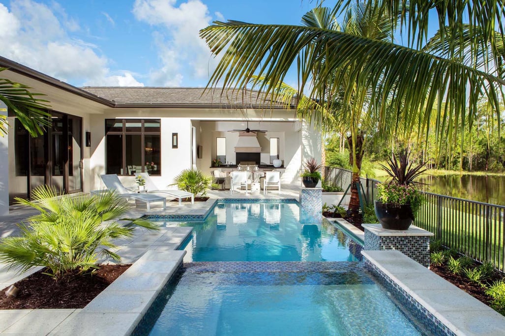 backyard of home with a nice pool with palm trees on each side