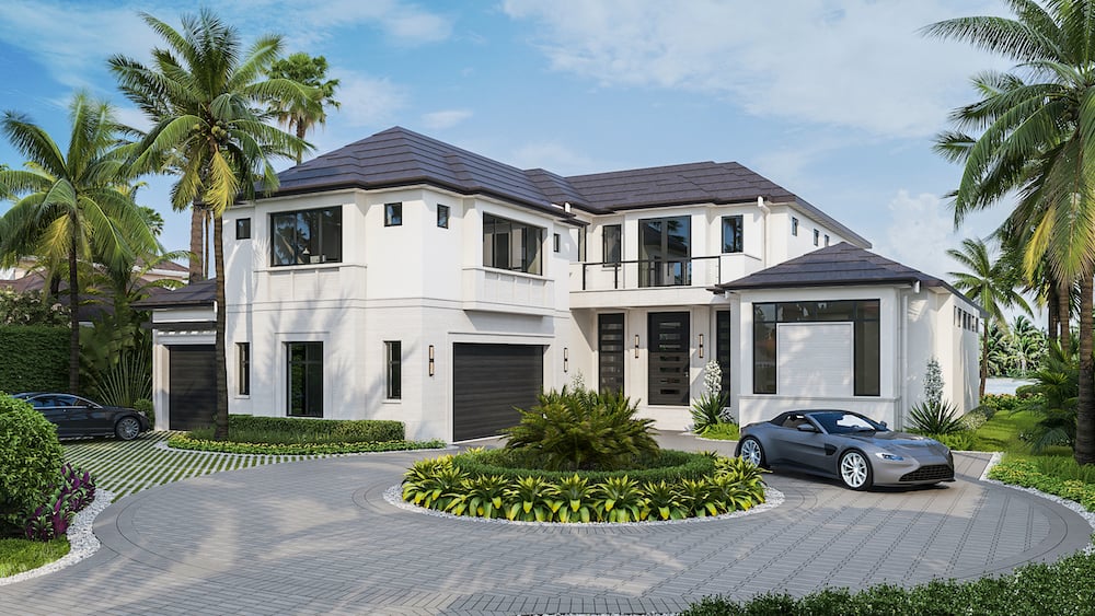 two story white home with black room and circle driveway with car parked