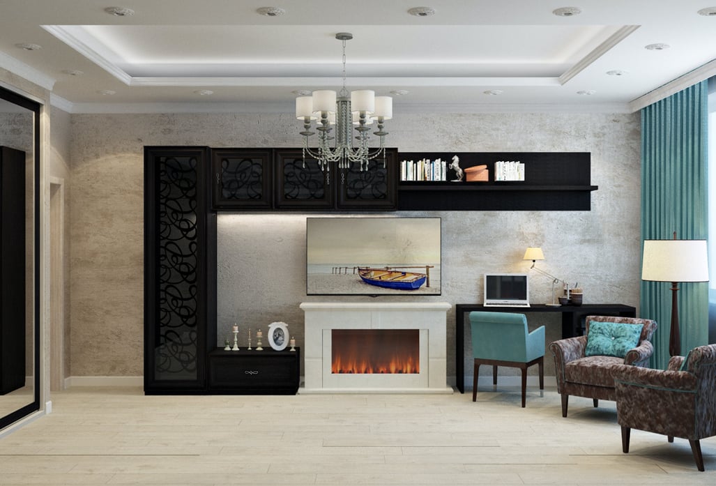 living room with a fireplace and chair