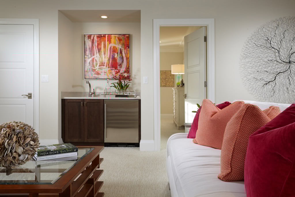 Coastal details liven up the loft and wet bar of the Chelston in Old Naples.